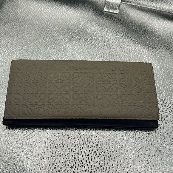 Loewe Anagram Repeat Textured Long Wallet Taupe With Silver Bifold Cardholder - Picture 2 of 10